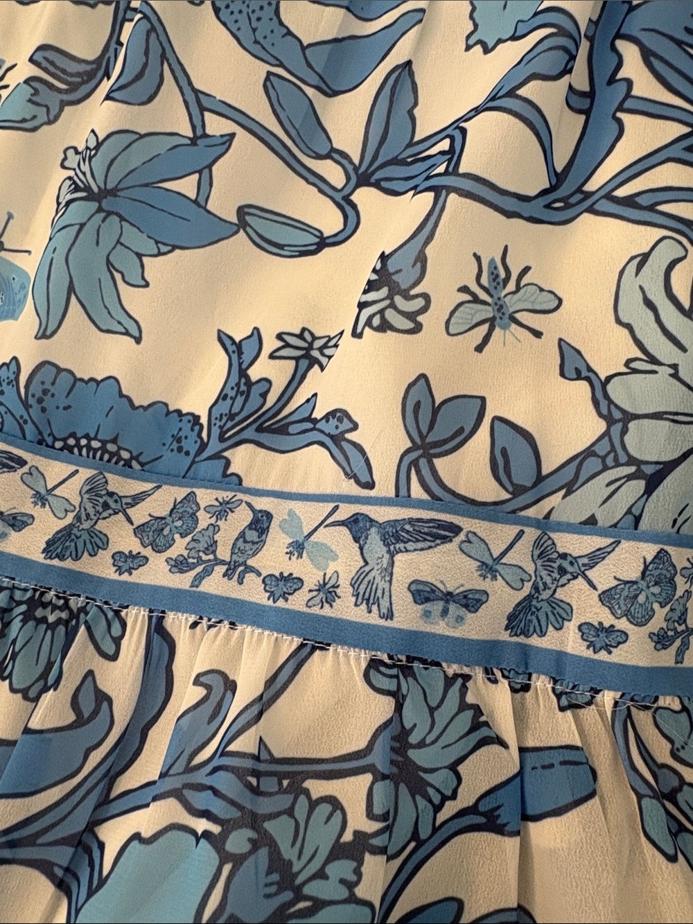 Gretchen Scott Blue Floral V-Neck Tiered Dress Maxi XS Frolic Birds Butterfly - Picture 5 of 12